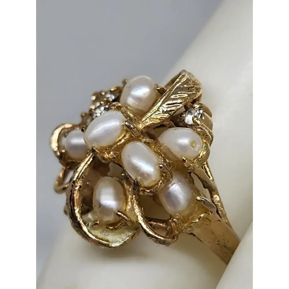 Vintage Genuine Pearl Rhinestone Cluster Cocktail Ring Floral Gold Plate Sz 6.75